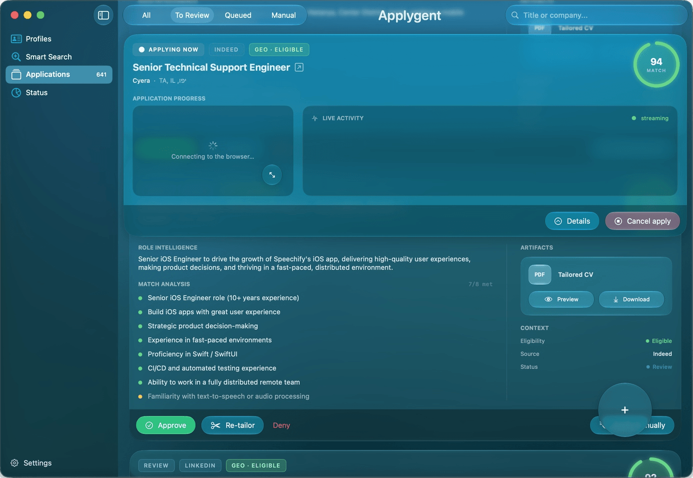 Applygent Applications view showing an application in progress