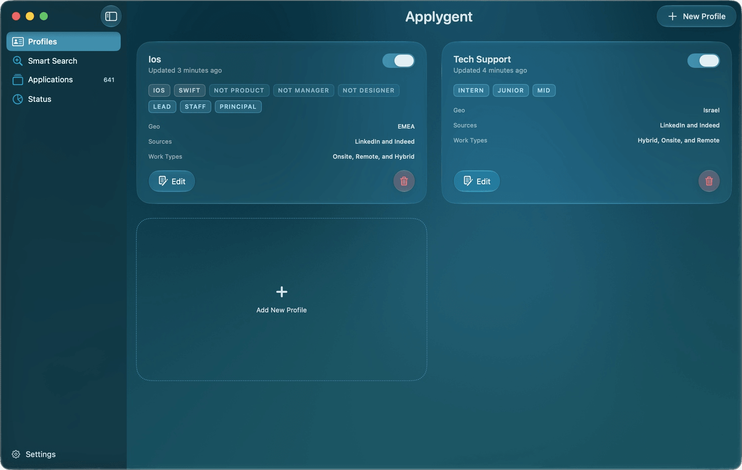 Applygent Profiles view showing iOS and Tech Support profiles