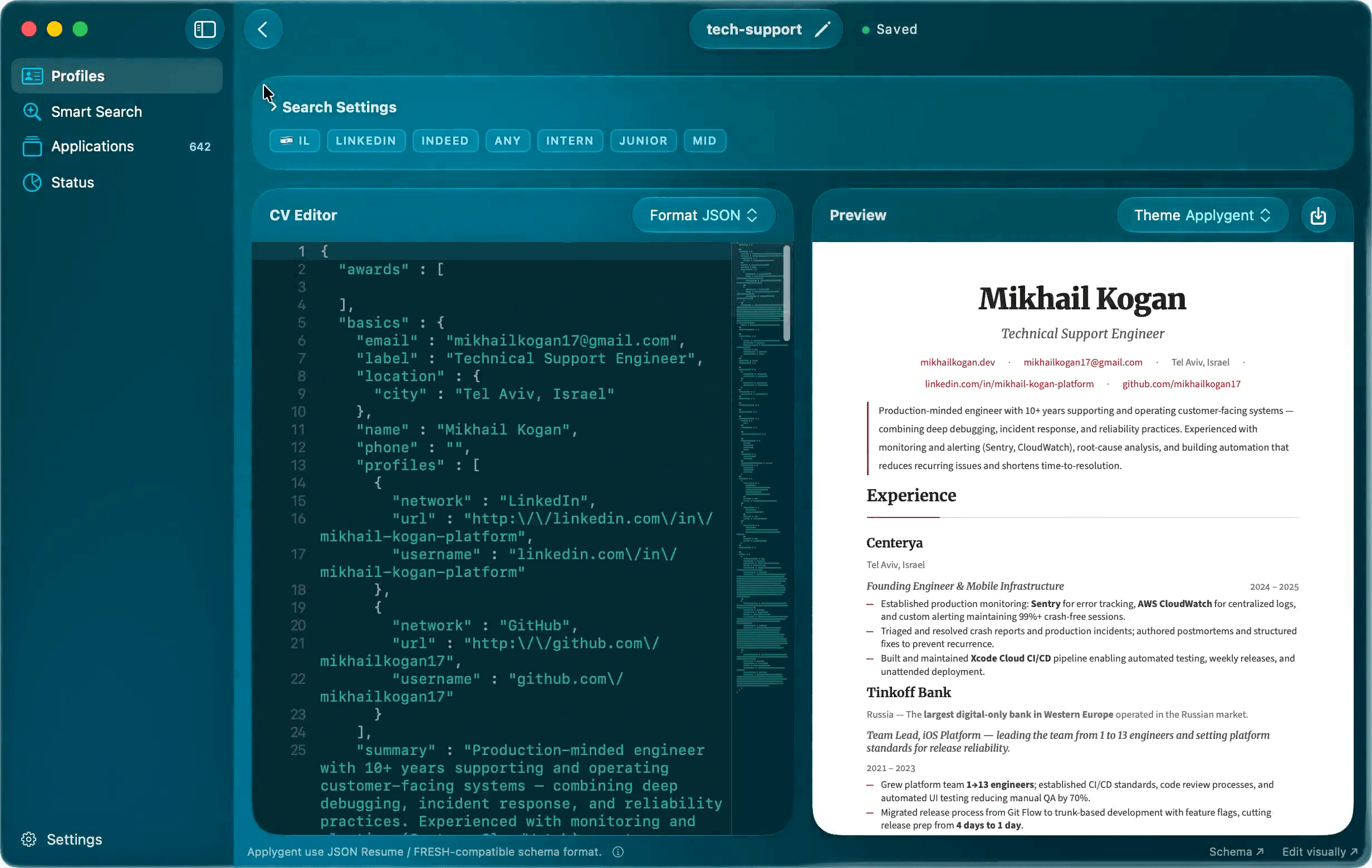 Applygent profile editor with collapsed settings and rendered CV preview