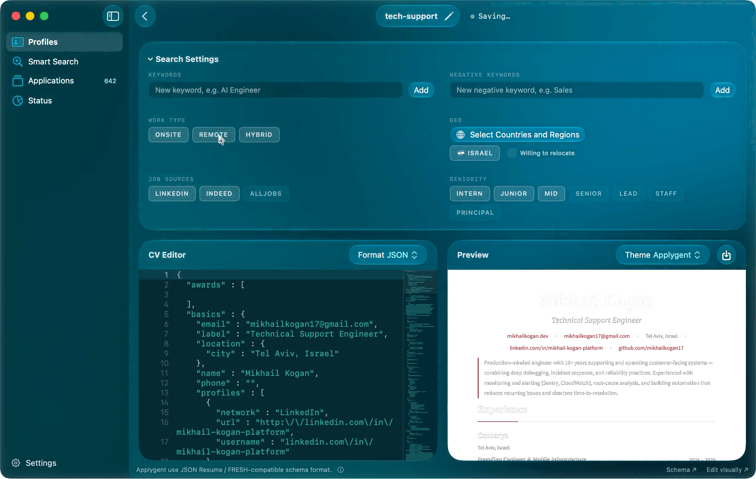 Applygent profile editor with search settings and JSON Resume editor