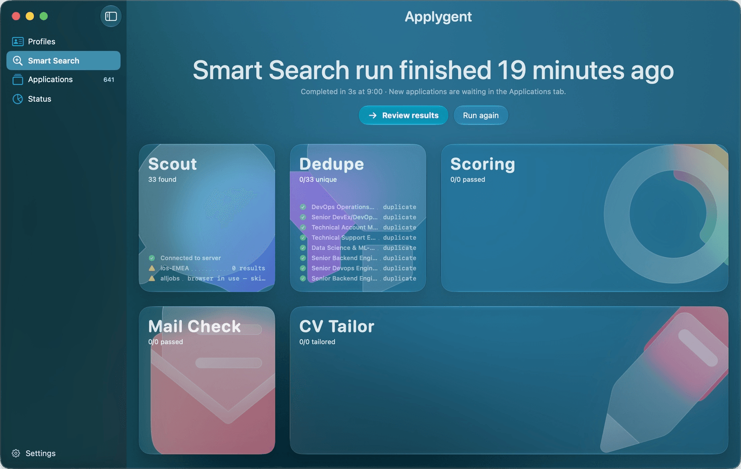 Applygent Smart Search dashboard showing the five local agents